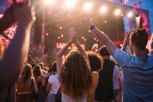ragazzi di schiena che alzano le braccia ad un concerto