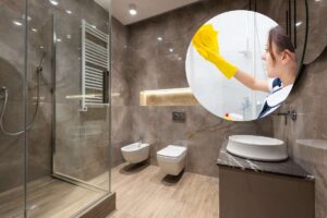 bagno con doccia e donna che pulisce specchi