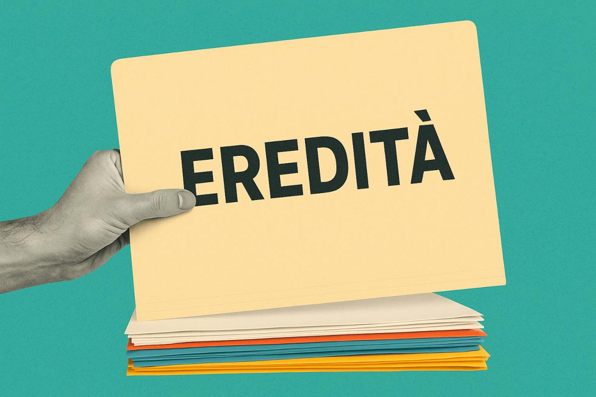 Illustrazione, mano in bianco e nero che prende una busta con scritto "eredità"