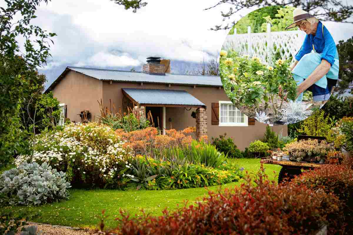casa con giardino e donna che annaffia