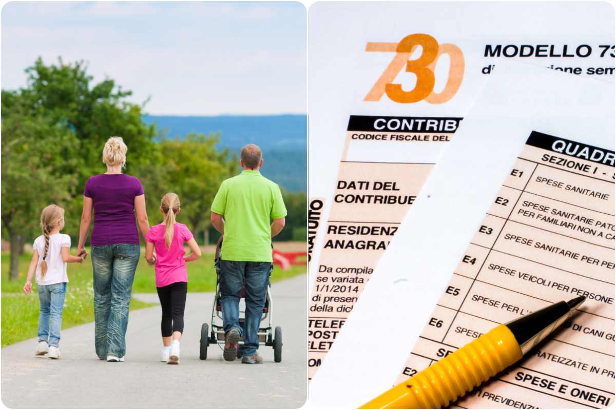 Collage famiglia con figli per strada e modello 730