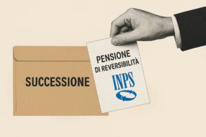 Illustrazione di una mano con un foglio con su scritto "pensione di reversibilità" e una busta vicina con scritto "successione"