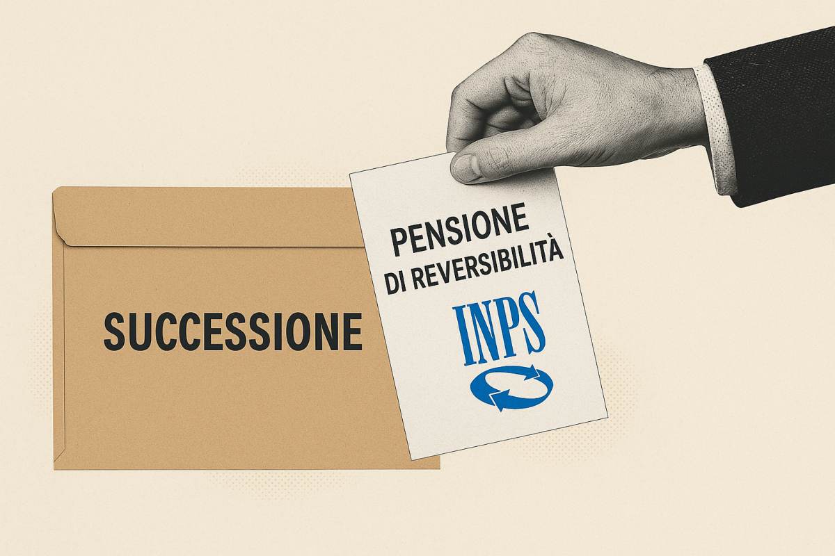 Illustrazione di una mano con un foglio con su scritto "pensione di reversibilità" e una busta vicina con scritto "successione"