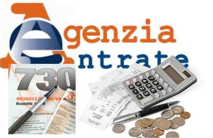 Logo Agenzia delle entrate, calcolatrice, monete e modello 730