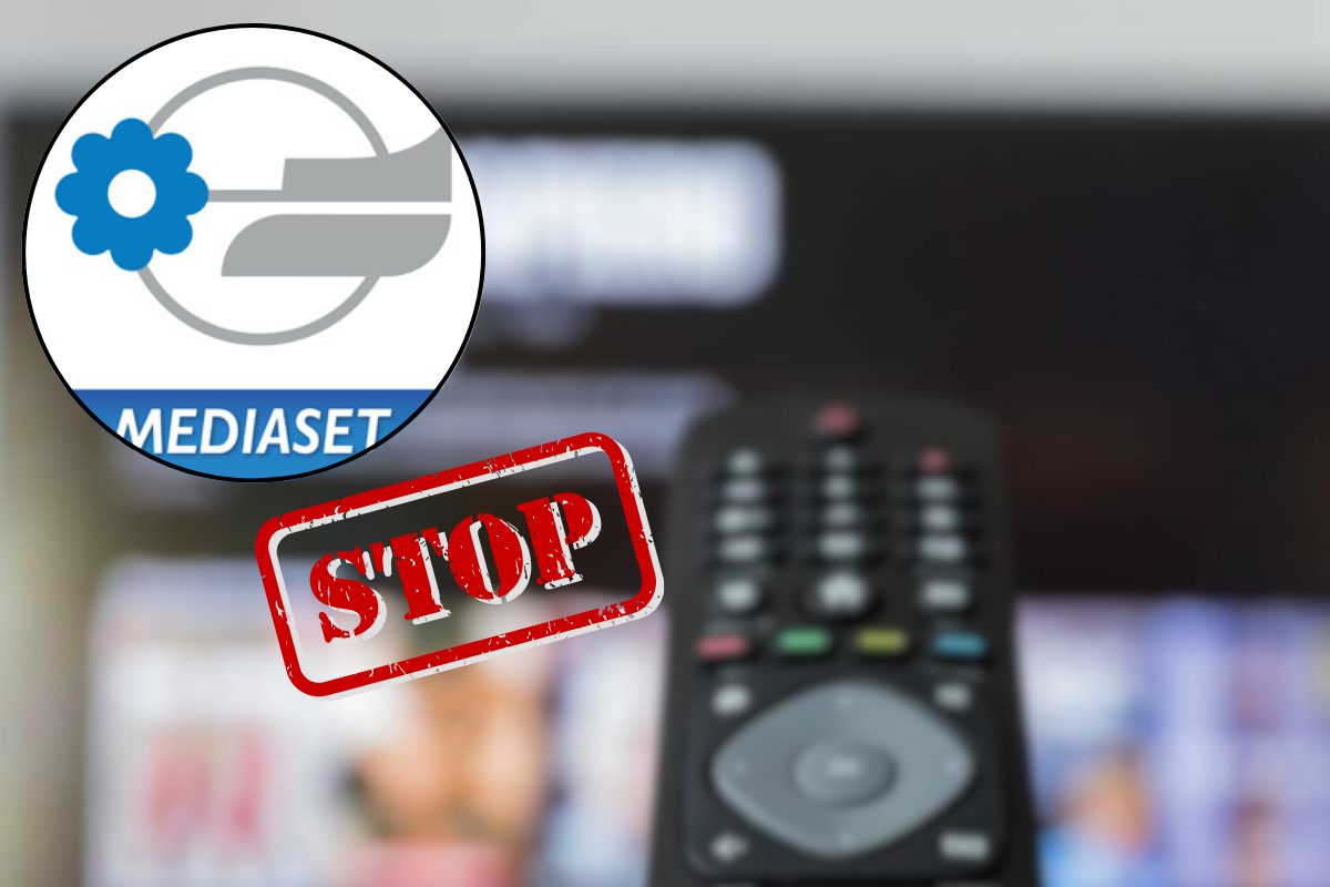 Logo Canale 5, scritta Stop e telecomando con tv