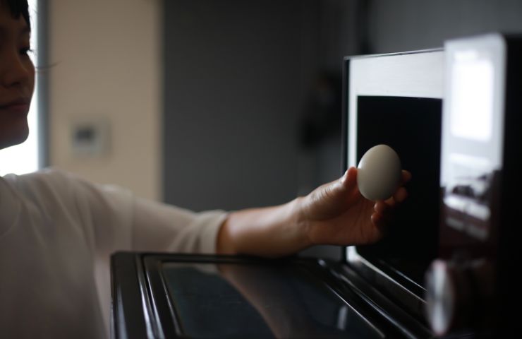 donna che mette uovo nel forno a microonde