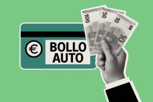 Illustrazione mano bianco e nero che tiene banconote e scritta bollo auto su carta di credito
