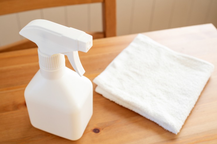 Flacone spray e panno in microfibra bianco