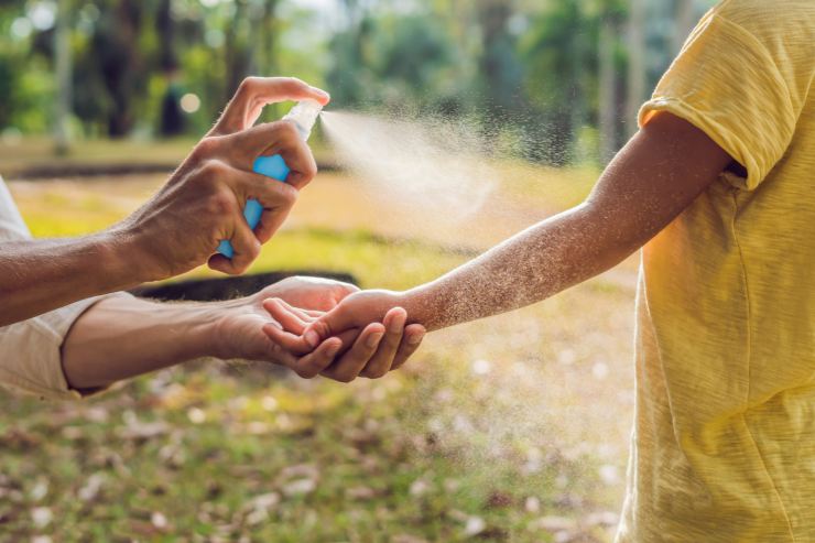 Mamma che spruzza un repellente contro le zanzare sulle braccia del figlio
