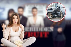 logo forbidden fruit, incidente stradale in icona e donna sconvolta che guarda tv