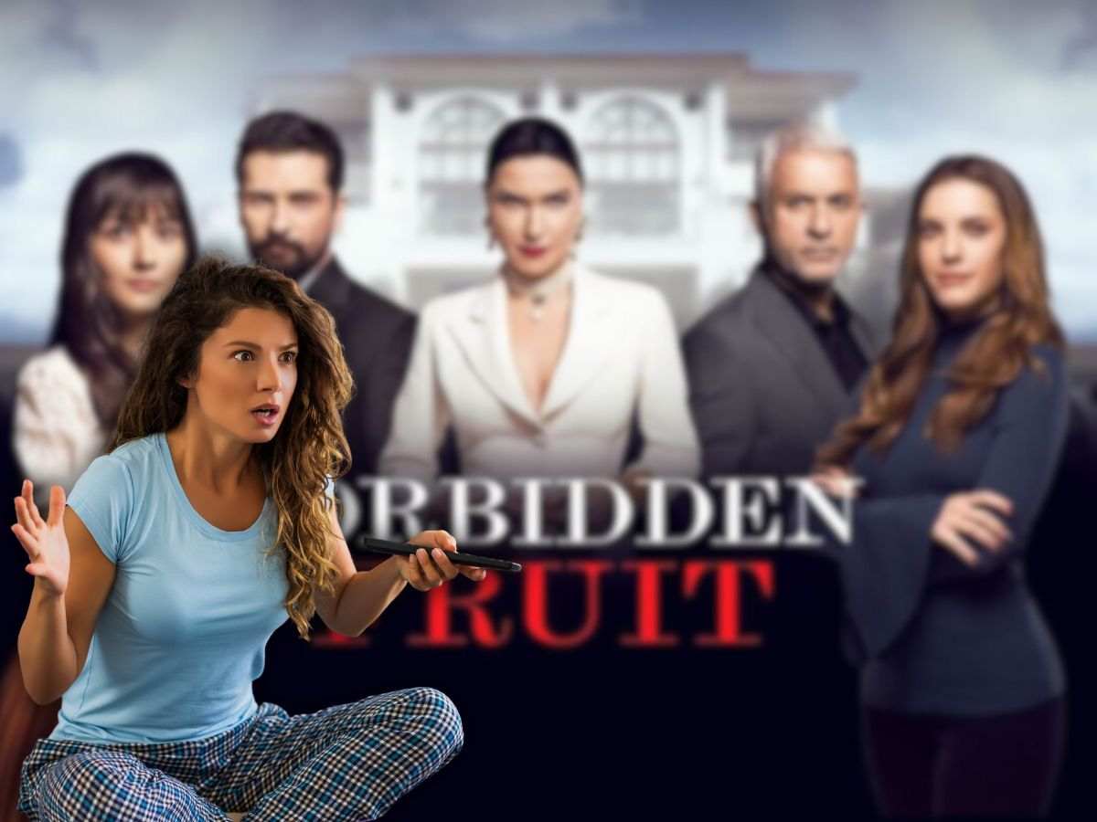 logo forbidden fruit e donna sconvolta mentre guarda tv 
