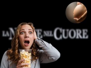 logo la notte nel cuore, donna incinta in icona e un'altra sconvolta mentre guarda tv
