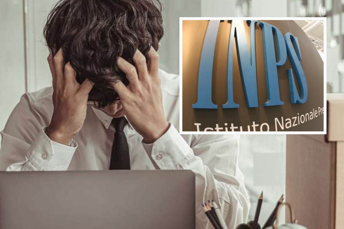 Un ragazzo disperato con le mani tra i capelli e, in evidenza, il logo dell'INPS